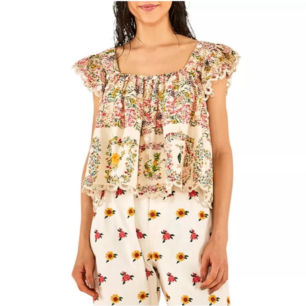 Farm Rio Delicate Forest Scarves Squareneck Embroidered Ruffle Blouse